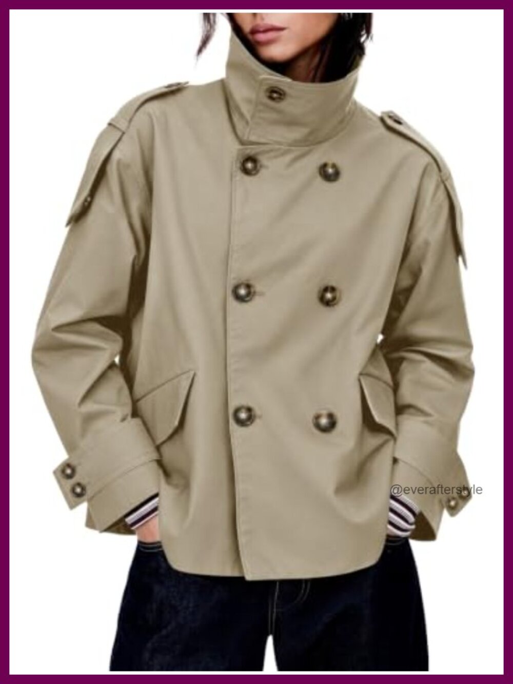 Oversized Double Breasted Cropped Trench Coat Windproof Casual Jacket